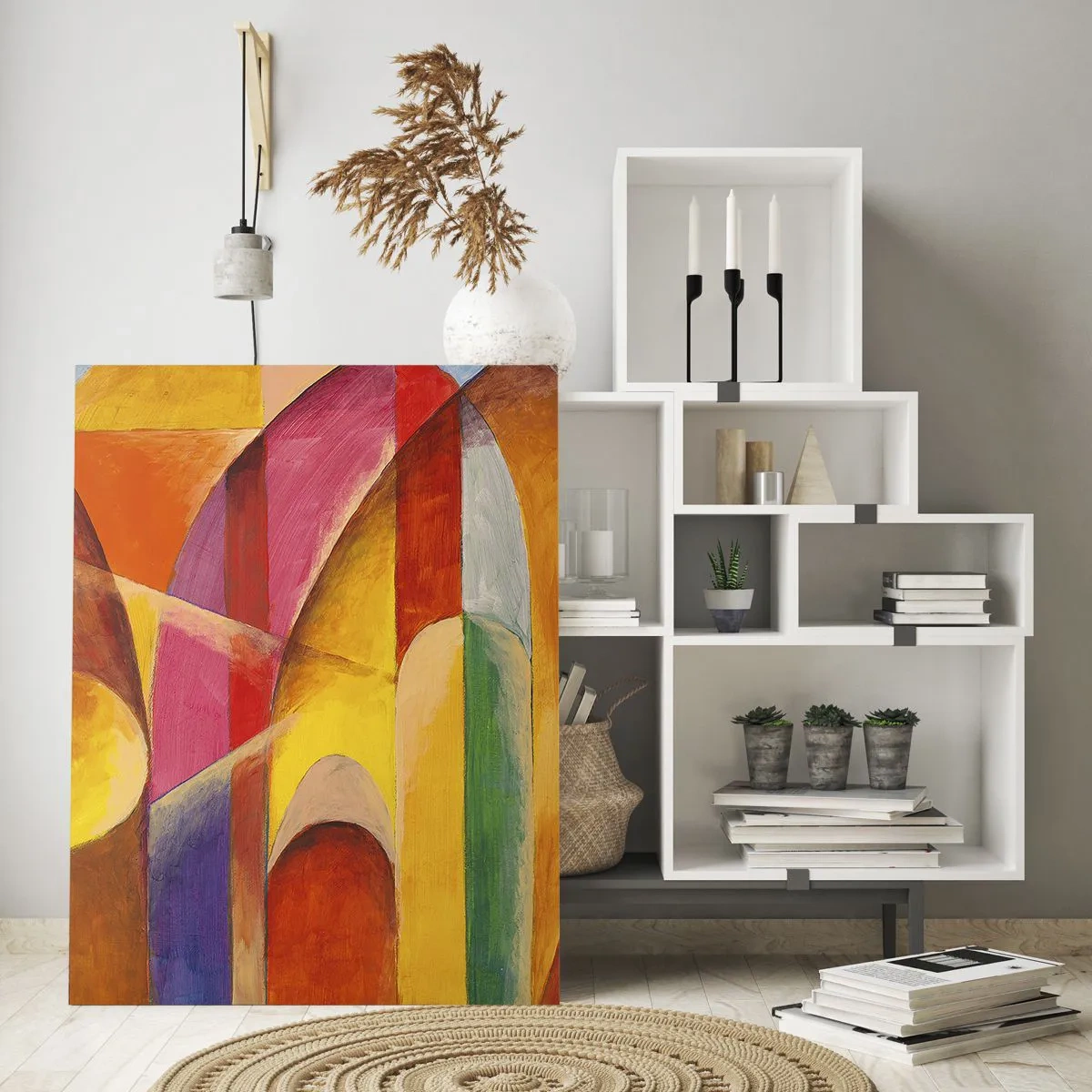 Glasbild - Bild auf glas - Eine abstrakte Komposition voller farbenfroher geometrischer Formen. - 70x100cm - Kathedrale der Sonne - Moderne Wanddekoration für Wohnzimmer und Schlafzimmer ARTTOR