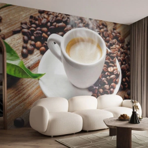 Fototapete Premium Sand - Kaffee auf der Bank - Gastronomie, Kaffee, Tasse - 500x350 cm