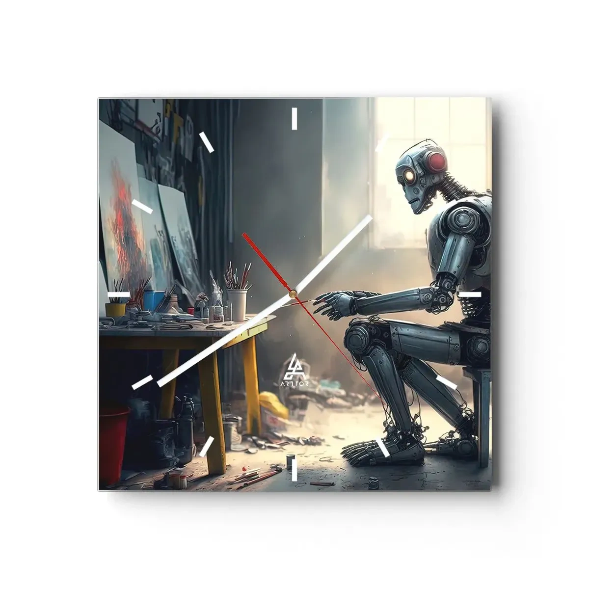 Wanduhr - Glasuhr - Ein Roboter malt ein Bild in einem Kunstatelier - 30x30cm - Schöpfungsakt - Moderne Wanddekoration für Wohnzimmer und Schlafzimmer ARTTOR