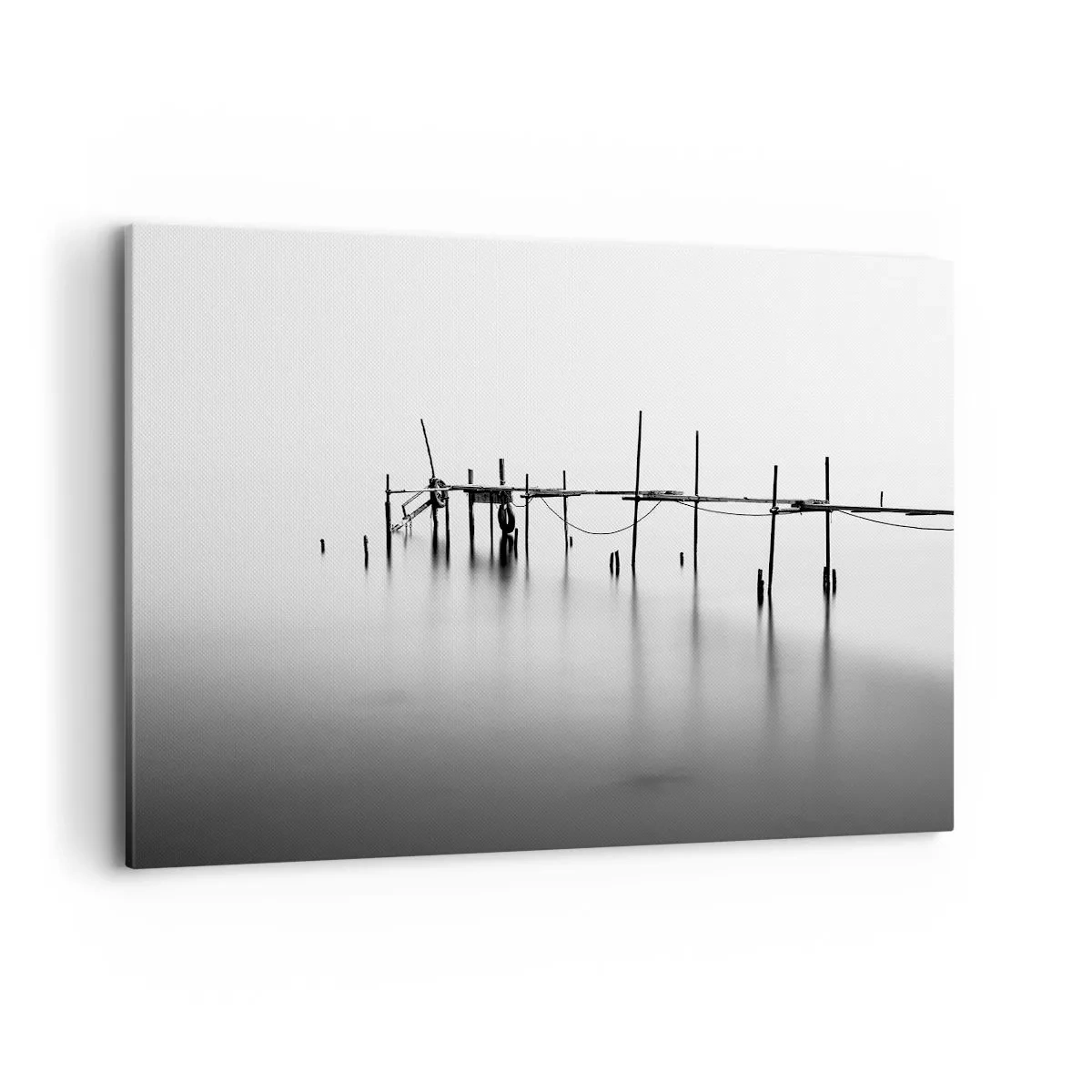 Bild auf Leinwand - Leinwandbild - Ein schwarz-weißer Steg inmitten einer nebligen Landschaft - 100x70cm - Was ist, wenn es keine Welt gibt? - Moderne Wanddekoration für Wohnzimmer und Schlafzimmer ARTTOR