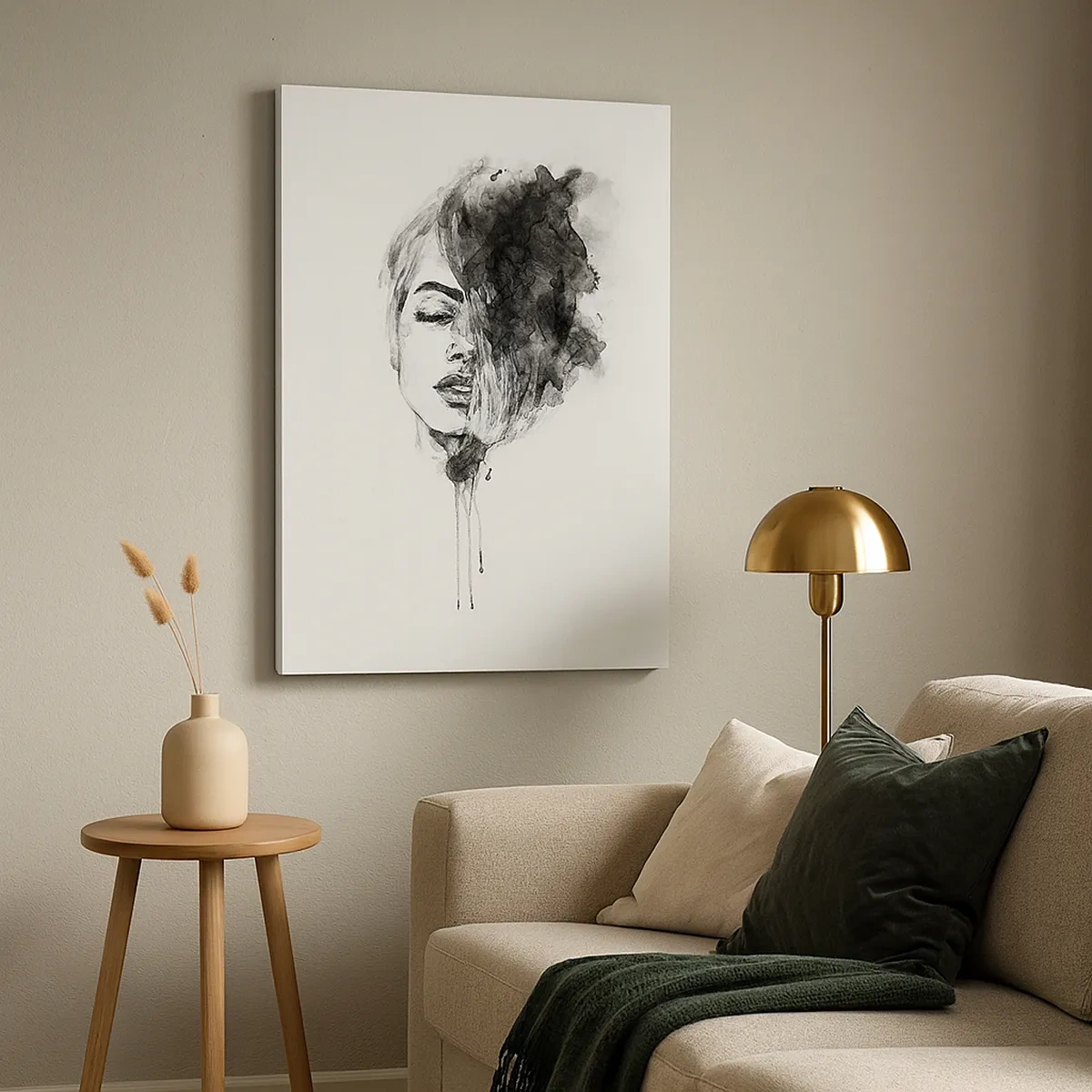 Bild auf Leinwand - Leinwandbild - Künstlerisches Frauenporträt in Aquarelltechnik mit abstrakten Details - 50x70cm - Wovon träumt das Mädchen - Moderne Wanddekoration für Wohnzimmer und Schlafzimmer ARTTOR