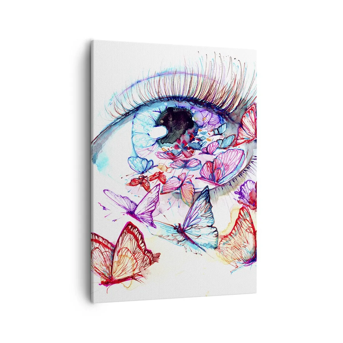 Bild auf Leinwand - Leinwandbild - Ein Aquarellauge, umgeben von bunten Schmetterlingen - 50x70cm - Märchenhafter Augenzauber - Moderne Wanddekoration für Wohnzimmer und Schlafzimmer ARTTOR