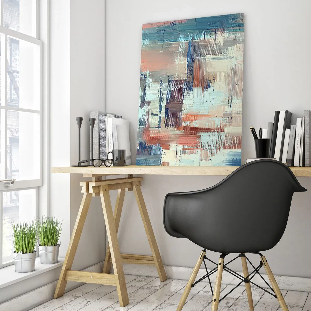 Glasbild - Bild auf glas - Abstrakte Komposition in Blau- und Beigetönen - 80x120cm - Zum Licht kommen - Moderne Wanddekoration für Wohnzimmer und Schlafzimmer ARTTOR