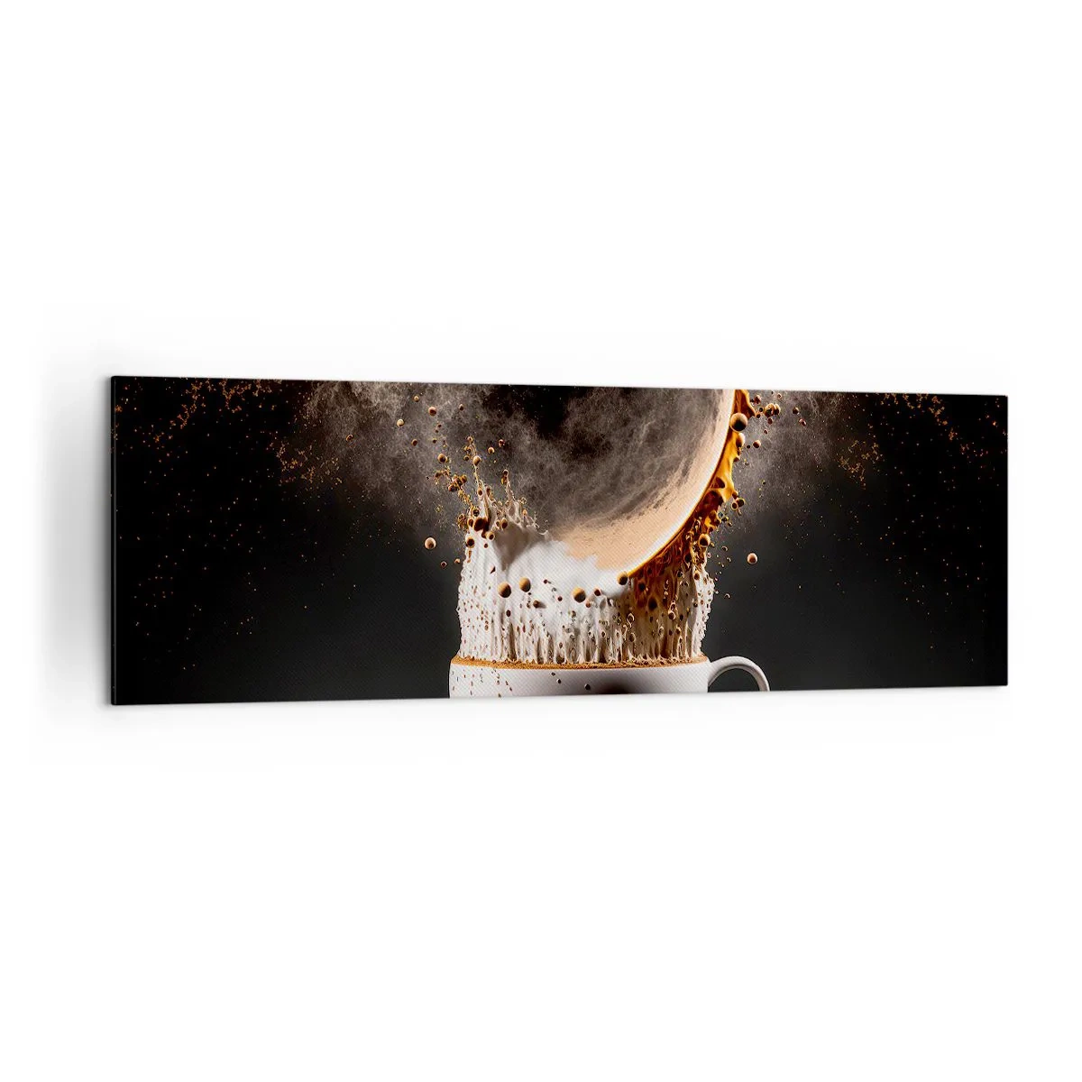 Bild auf Leinwand - Leinwandbild - Eine Tasse Kaffee mit einer dynamischen Flüssigkeitsexplosion auf schwarzem Hintergrund. - 160x50cm - Geschmacksexplosion - Moderne Wanddekoration für Wohnzimmer und Schlafzimmer ARTTOR