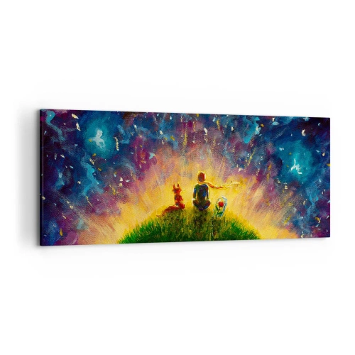 Bild auf Leinwand - Leinwandbild - Figuren auf einem grünen Hügel, umgeben von einem Sternenhimmel - 120x50cm - Liebe und Freundschaft - die ganze Welt - Moderne Wanddekoration für Wohnzimmer und Schlafzimmer ARTTOR