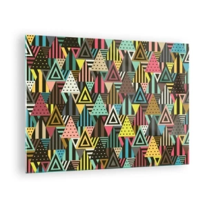 Glasbild - Bild auf glas - Eine abstrakte Komposition mit Dreiecken in intensiven Farben. - 70x50cm - Im Rhythmus auf drei - Moderne Wanddekoration für Wohnzimmer und Schlafzimmer ARTTOR