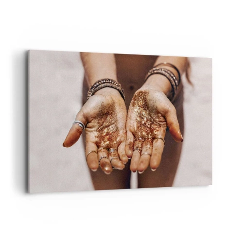 Bild auf Leinwand - Leinwandbild - Nahaufnahme von Händen mit Glitzer in warmen Farbtönen - 120x80cm - Ein Geschenk für dich - Moderne Wanddekoration für Wohnzimmer und Schlafzimmer ARTTOR
