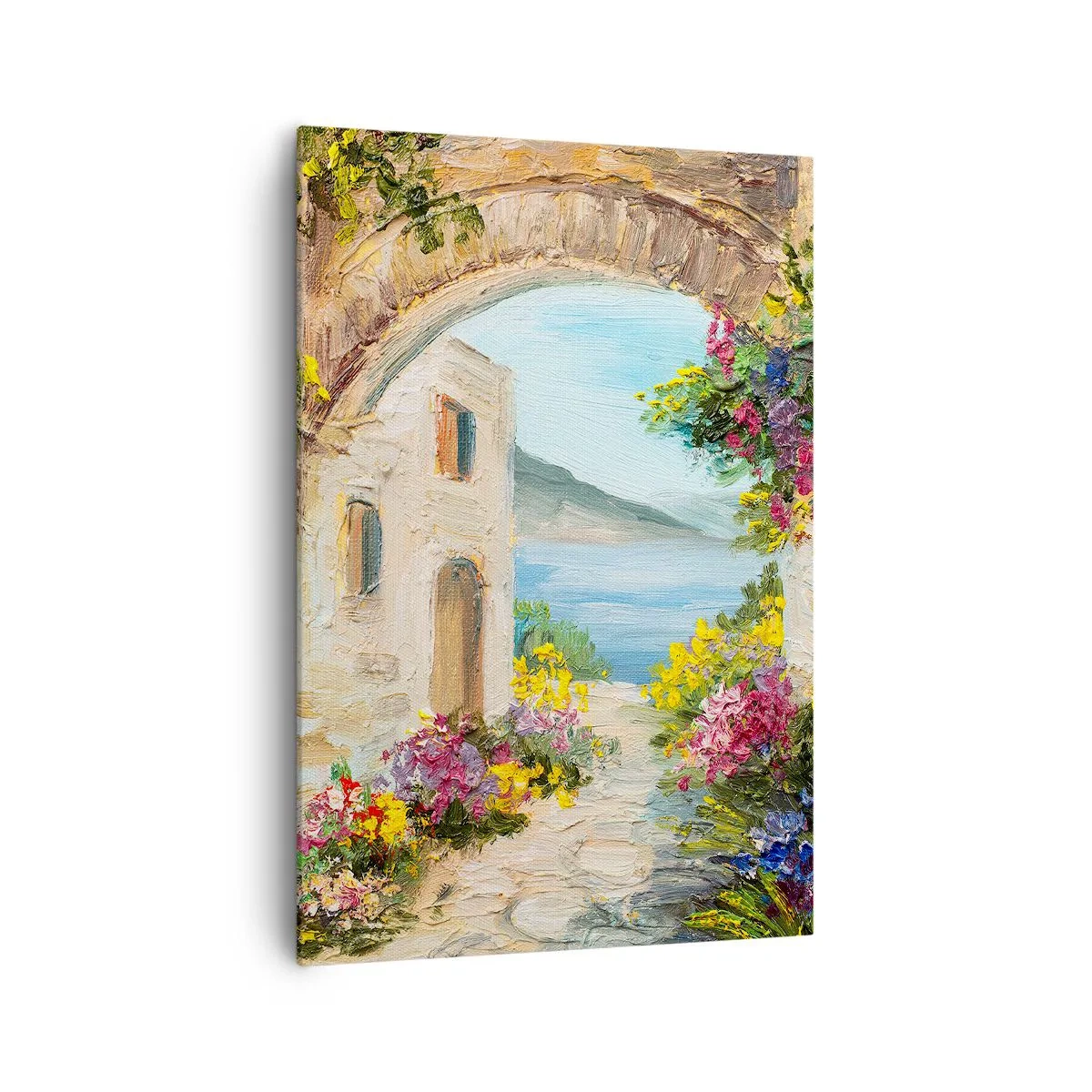 Bild auf Leinwand - Leinwandbild - Küstenlandschaft mit Steingebäuden und Blumen - 70x100cm - Charme einer Küstenprovinz - Moderne Wanddekoration für Wohnzimmer und Schlafzimmer ARTTOR