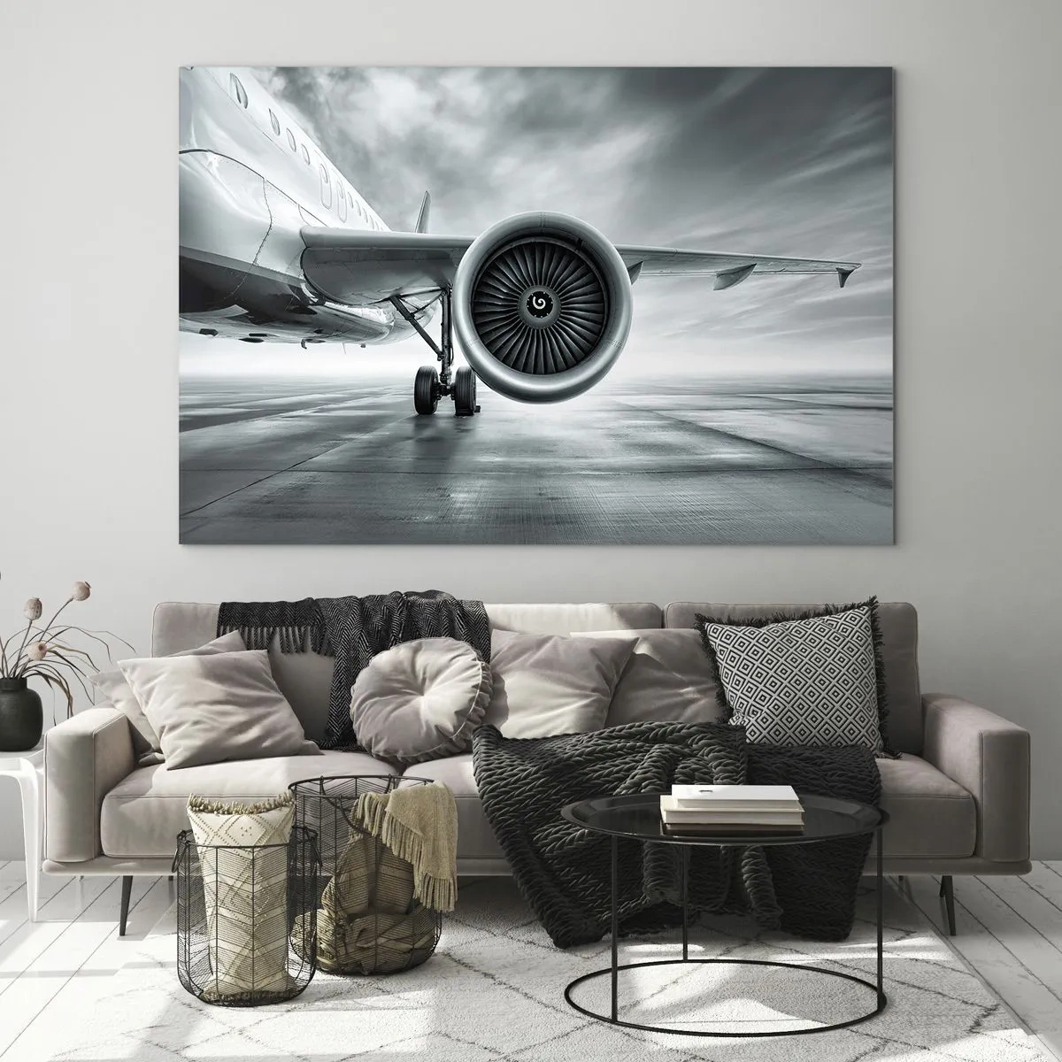 Glasbild - Bild auf glas - Die Turbine eines Passagierflugzeugs auf der Landebahn im Morgengrauen - 70x50cm - Die Macht ist da! - Moderne Wanddekoration für Wohnzimmer und Schlafzimmer ARTTOR