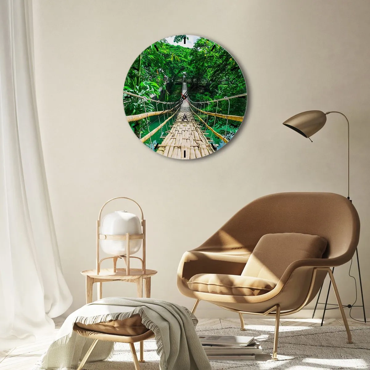 Wanduhr - Glasuhr - Eine Bambus-Seilbrücke in tropischem Grün über einem Fluss - 30x30cm - Monkey Bridge über das Grün - Moderne Wanddekoration für Wohnzimmer, Küche und Schlafzimmer ARTTOR