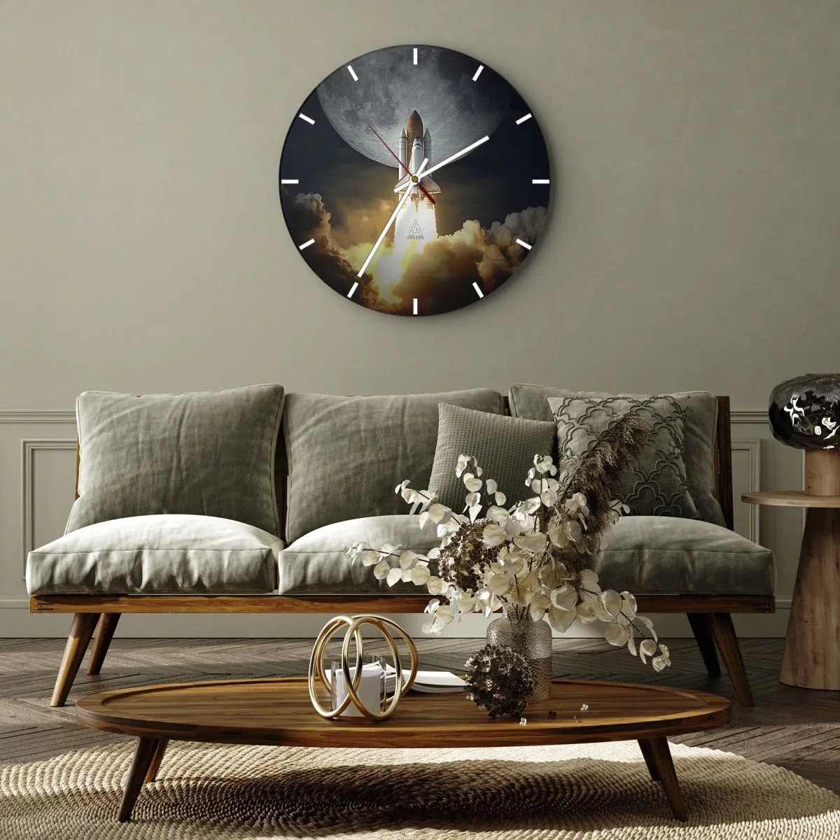 Wanduhr - Glasuhr - Eine Rakete startet vor dem Hintergrund des Mondes am Nachthimmel - 30x30cm - Beginn eines überirdischen Abenteuers - Moderne Wanddekoration für Wohnzimmer, Küche und Schlafzimmer ARTTOR
