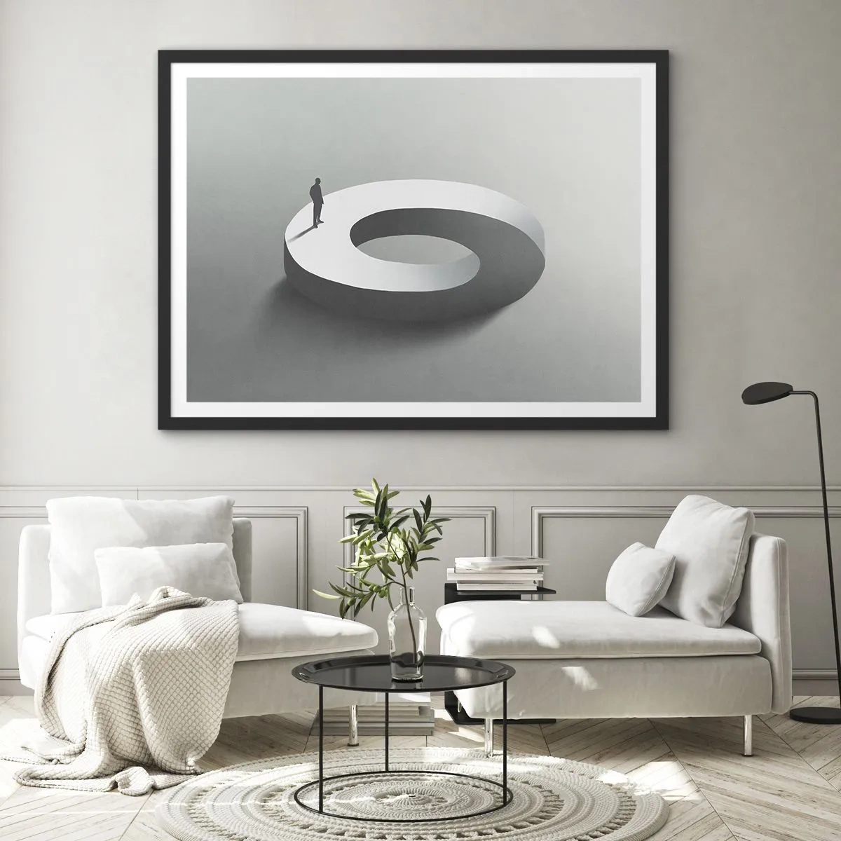 Poster in einem schwarzem Rahmen - Ein Mann auf einer grauen, abstrakten Struktur - 70x50cm - Und wie soll man davon klug werden - Moderne Wanddekoration für Wohnzimmer und Schlafzimmer ARTTOR