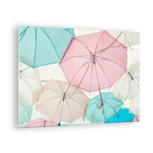 Glasbild - Bild auf glas - Bunte Regenschirme schweben in der Luft - 70x50cm - Mal Sonne, mal Regen - Moderne Wanddekoration für Wohnzimmer und Schlafzimmer ARTTOR
