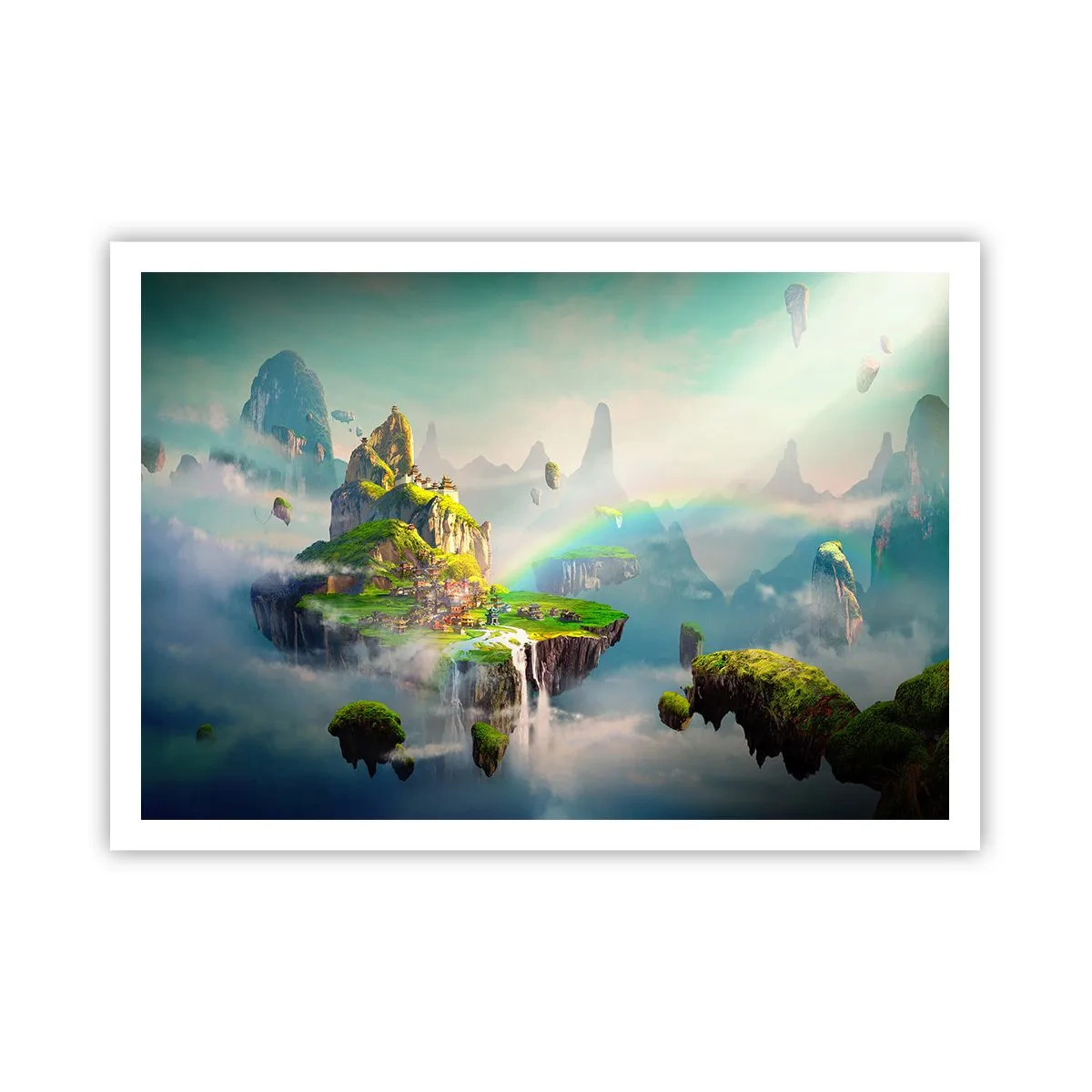 Poster - Fliegende Inseln zwischen den Wolken mit einem Regenbogen am Horizont - 100x70cm - Mitten am Himmel - glückliche Inseln - Moderne Wanddekoration für Wohnzimmer und Schlafzimmer ARTTOR