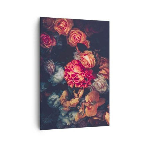 Bild auf Leinwand - Leinwandbild - Ein Strauß verschiedener Blumen in dunklen Tönen - 70x100cm - Wie bei den holländischen Meistern - Moderne Wanddekoration für Wohnzimmer und Schlafzimmer ARTTOR