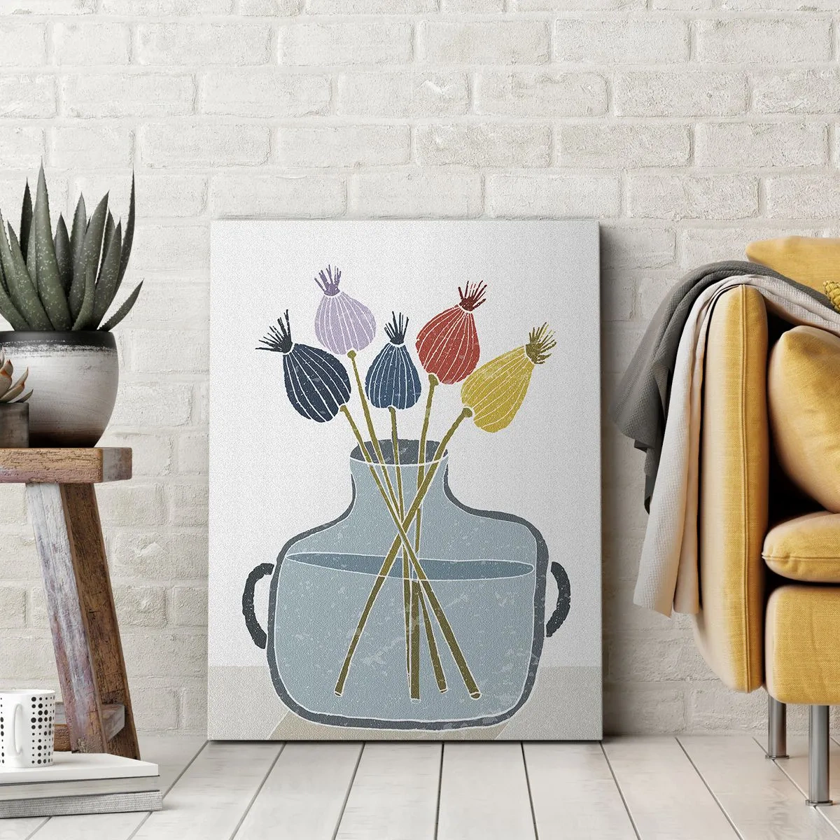 Bild auf Leinwand - Leinwandbild - Bunte Trockenblumen in einer Vase auf weißem Hintergrund - 80x120cm - Es ist mucksmäuschenstill - Moderne Wanddekoration für Wohnzimmer und Schlafzimmer ARTTOR