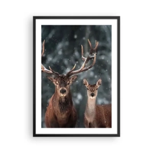 Poster in einem schwarzem Rahmen - Ein Hirschpaar vor der Kulisse eines Winterwaldes - 50x70cm - Herr des Waldes mit seiner Frau - Moderne Wanddekoration für Wohnzimmer und Schlafzimmer ARTTOR
