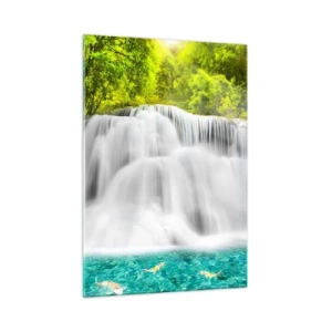 Glasbild - Bild auf glas - Ein Wasserfall, umgeben von Grün mit kristallklarem Wasser - 50x70cm - Eine schaumige Kaskade von grün bis azurblau - Moderne Wanddekoration für Wohnzimmer und Schlafzimmer ARTTOR