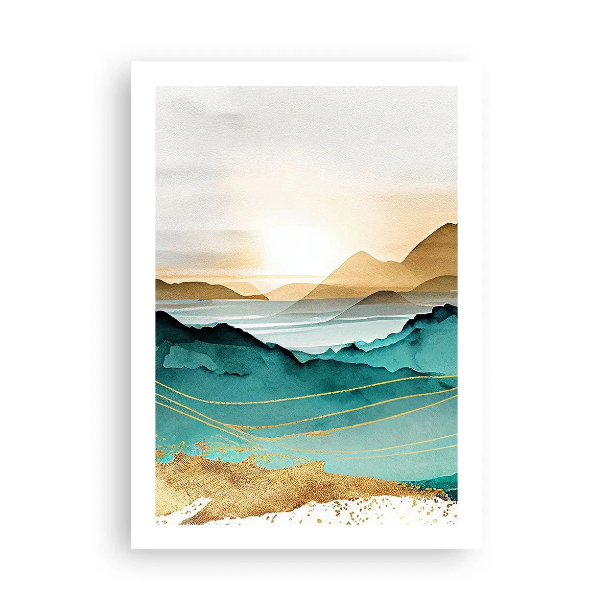 Poster - Eine malerische Berglandschaft in Türkis- und Goldtönen - 50x70cm - Am Rande der Abstraktion – Landschaft - Moderne Wanddekoration für Wohnzimmer und Schlafzimmer ARTTOR