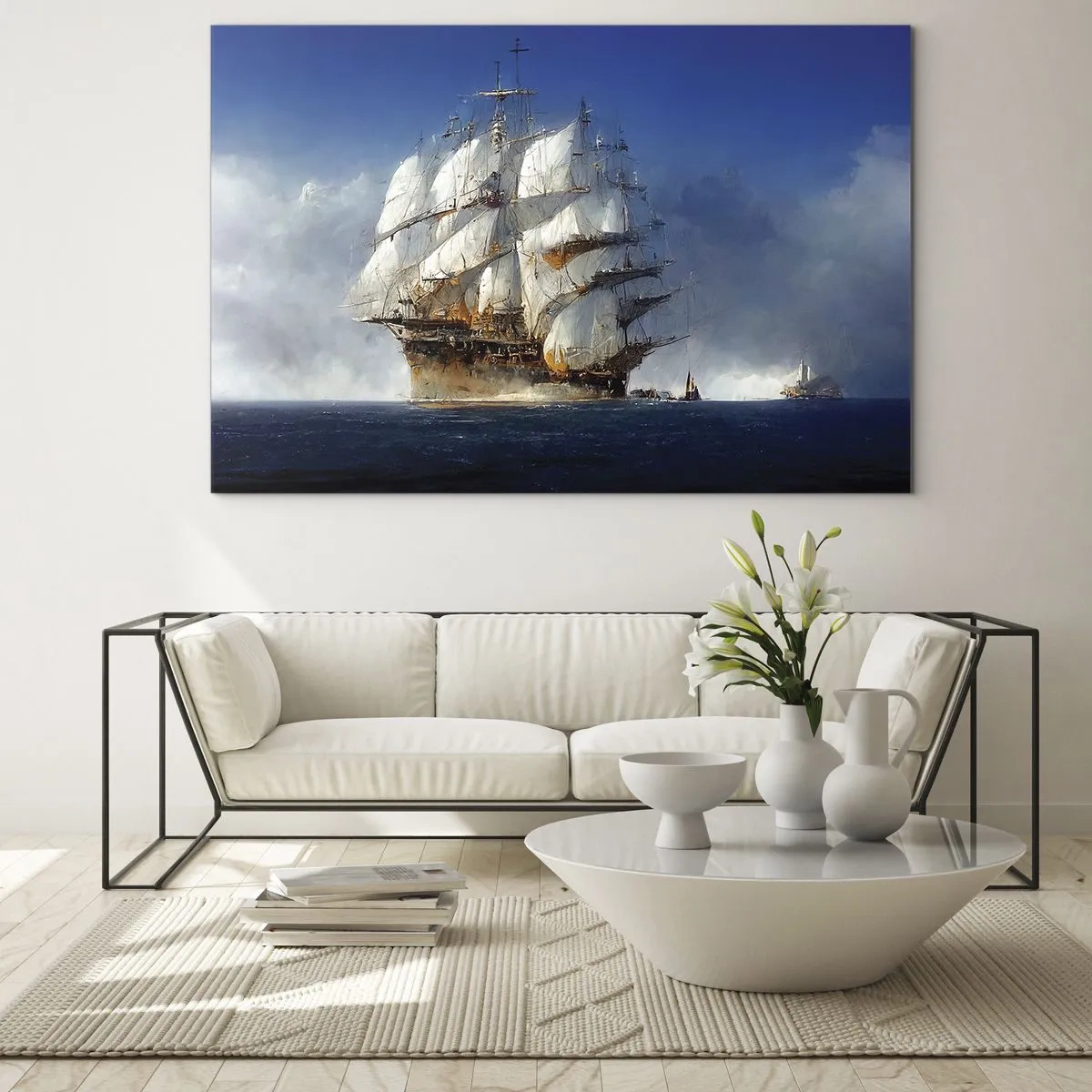 Glasbild - Bild auf glas - Ein Segelschiff auf hoher See inmitten von Seenebel - 70x50cm - Der große Ruhm! - Moderne Wanddekoration für Wohnzimmer und Schlafzimmer ARTTOR