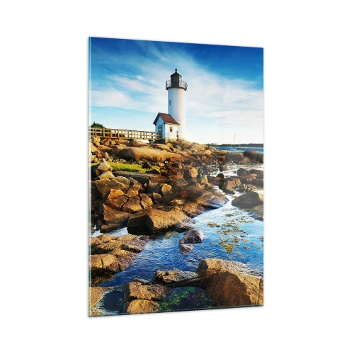 Glasbild - Bild auf glas - Ein Leuchtturm an einer felsigen Küste an einem sonnigen Tag - 50x70cm - Komm glücklich zurück, ich warte - Moderne Wanddekoration für Wohnzimmer und Schlafzimmer ARTTOR
