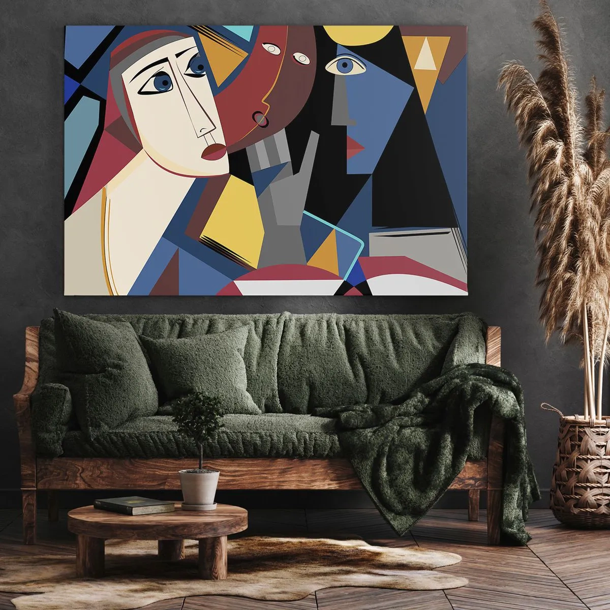 Bild auf Leinwand - Leinwandbild - Kubistische Gesichter in intensiven Farben - 120x80cm - Gespräch zwischen Kubisten - Moderne Wanddekoration für Wohnzimmer und Schlafzimmer ARTTOR