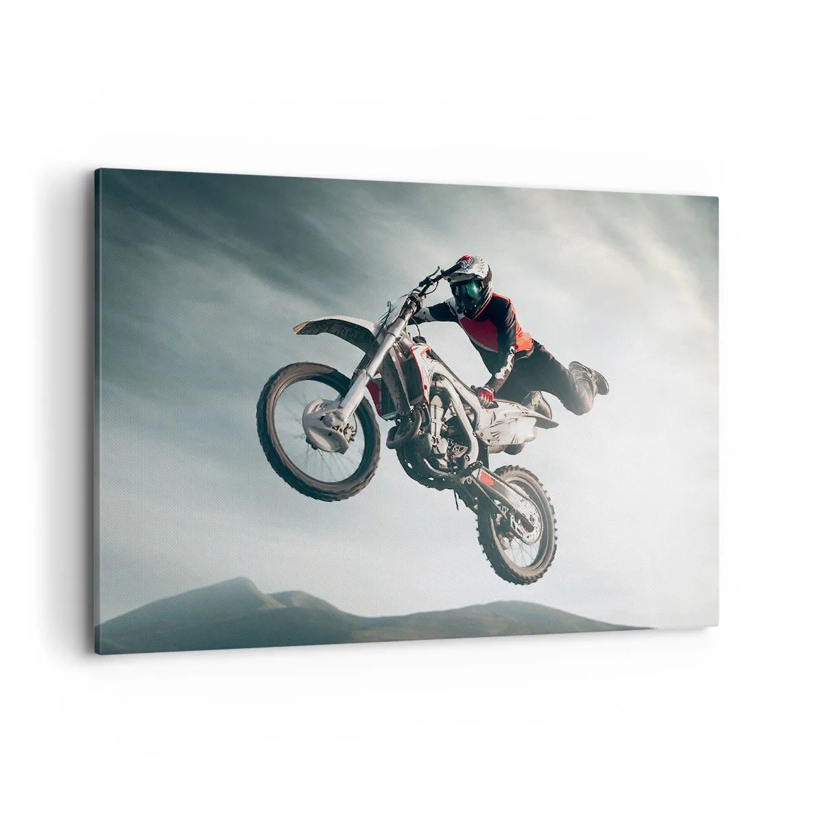 Bild auf Leinwand - Leinwandbild - Motorradfahrer in der Luft bei einem Sprung - 120x80cm - Kein Spaß ohne Risiko - Moderne Wanddekoration für Wohnzimmer und Schlafzimmer ARTTOR