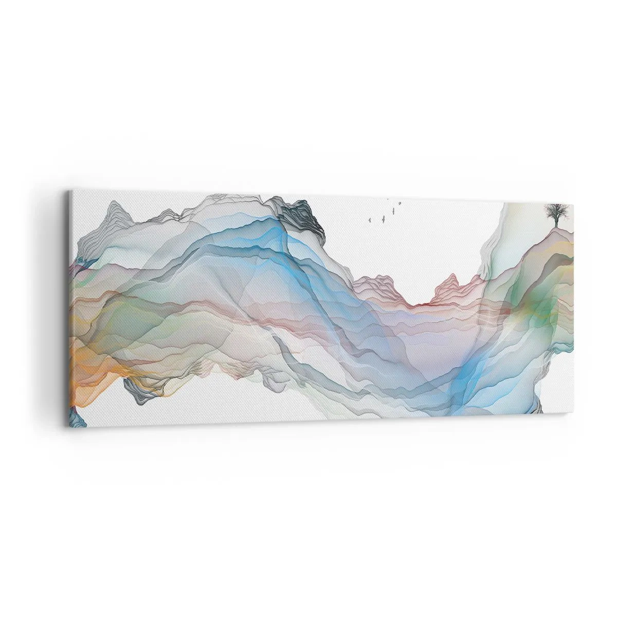 Bild auf Leinwand - Leinwandbild - Eine subtile Landschaft mit Bergen, Wasser und einem Boot - 120x50cm - Zu den Kristallbergen - Moderne Wanddekoration für Wohnzimmer und Schlafzimmer ARTTOR