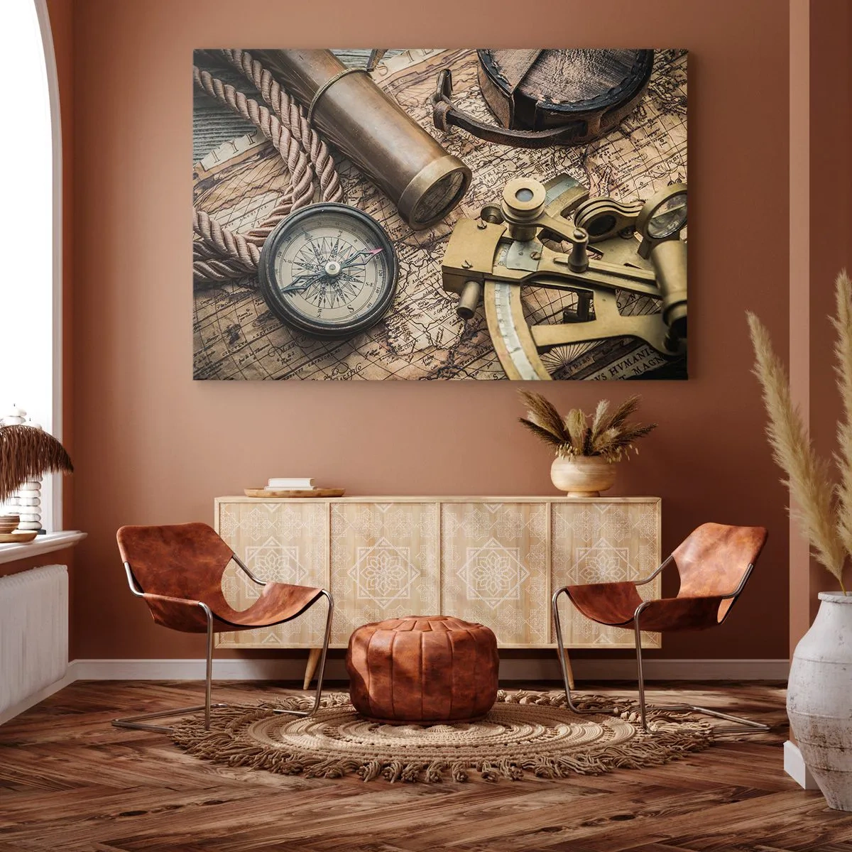 Bild auf Leinwand - Leinwandbild - Ein Kompass, ein Sextant und ein Teleskop vor dem Hintergrund einer alten Karte und eines Seeseils. - 70x50cm - Setze Sie einen Kurs - Moderne Wanddekoration für Wohnzimmer und Schlafzimmer ARTTOR
