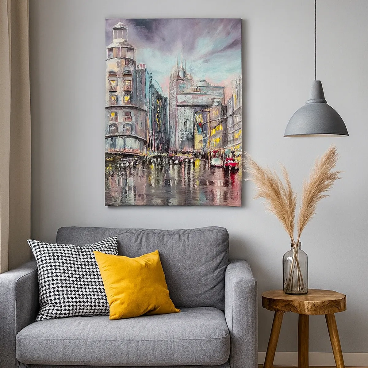 Bild auf Leinwand - Leinwandbild - Abendlicher Blick auf die Stadt mit Spiegelungen auf der nassen Straße - 50x70cm - Es wird ein gelungener Abend - Moderne Wanddekoration für Wohnzimmer und Schlafzimmer ARTTOR