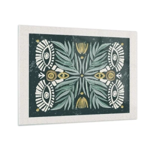Glasbild - Bild auf glas - Eine symmetrische Komposition aus Blättern und Mustern im Folk-Stil - 70x50cm - Wie ein Volksausschnitt - Moderne Wanddekoration für Wohnzimmer und Schlafzimmer ARTTOR