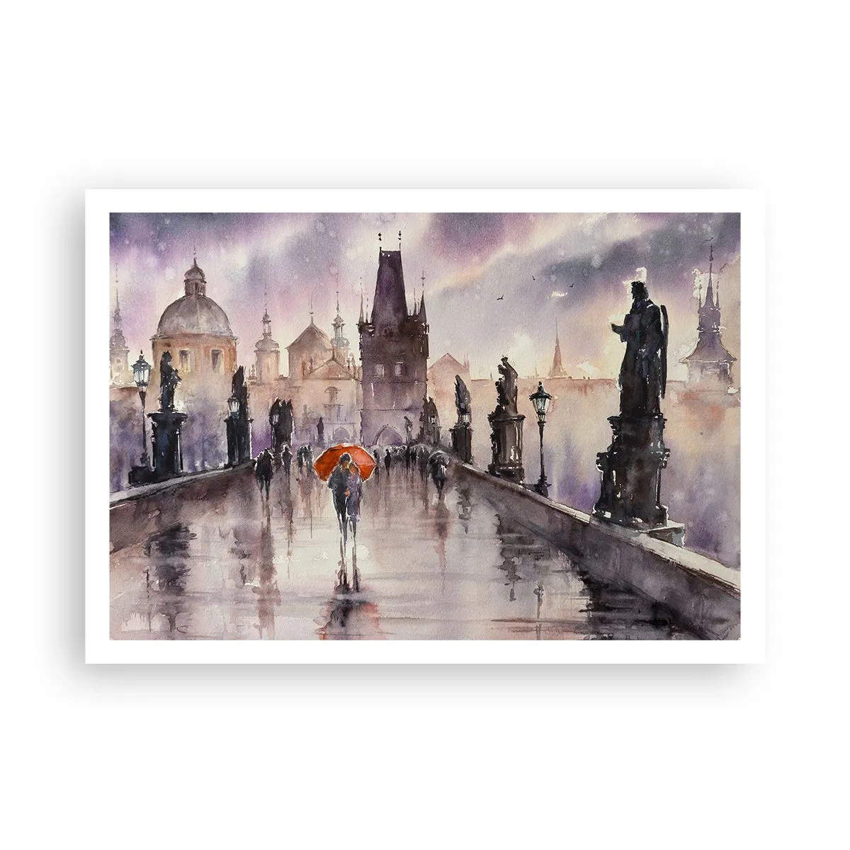Poster - Romantischer Blick auf eine Brücke mit einem Regenschirm vor der Kulisse einer abendlichen Stadt - 100x70cm - Leute verändern sich nicht - Moderne Wanddekoration für Wohnzimmer und Schlafzimmer ARTTOR