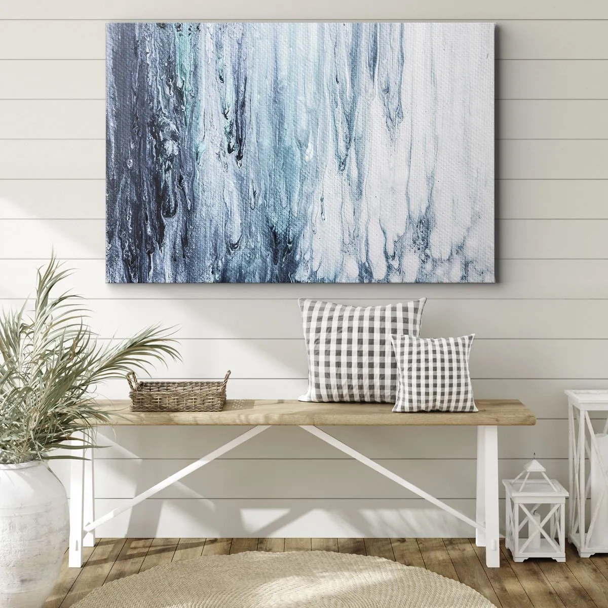 Bild auf Leinwand - Leinwandbild - Abstrakte blaue und weiße Streifen ähneln Eiszapfen - 70x50cm - Blaue Eiszapfen - Moderne Wanddekoration für Wohnzimmer und Schlafzimmer ARTTOR