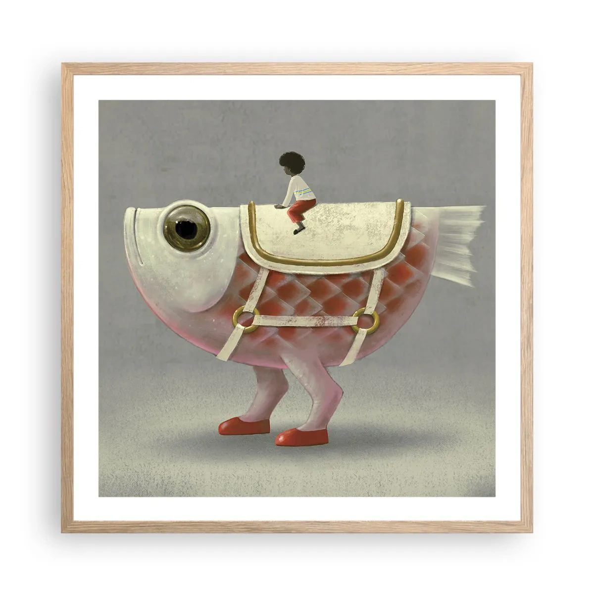 Poster in einem Rahmen aus heller Eiche - Reiter auf einem surrealen Fisch - 60x60 cm