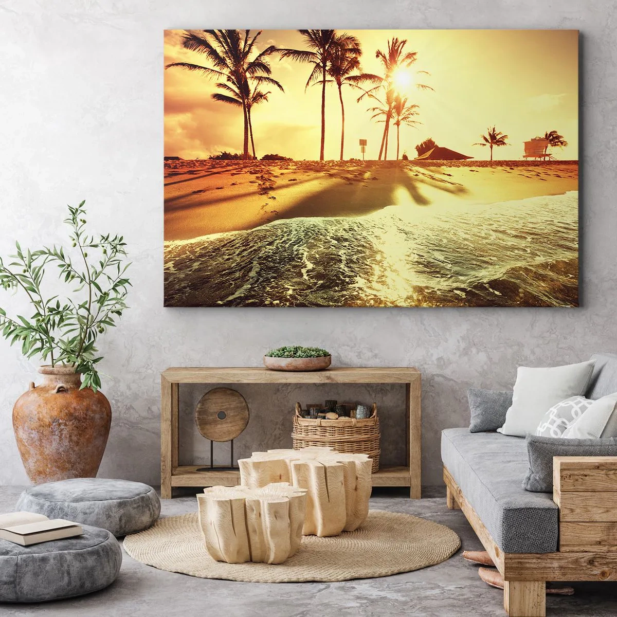 Bild auf Leinwand - Leinwandbild - Ein Strand mit Palmen, beleuchtet von einem warmen Sonnenuntergang - 70x50cm - Kalifornien am Nachmittag - Moderne Wanddekoration für Wohnzimmer und Schlafzimmer ARTTOR