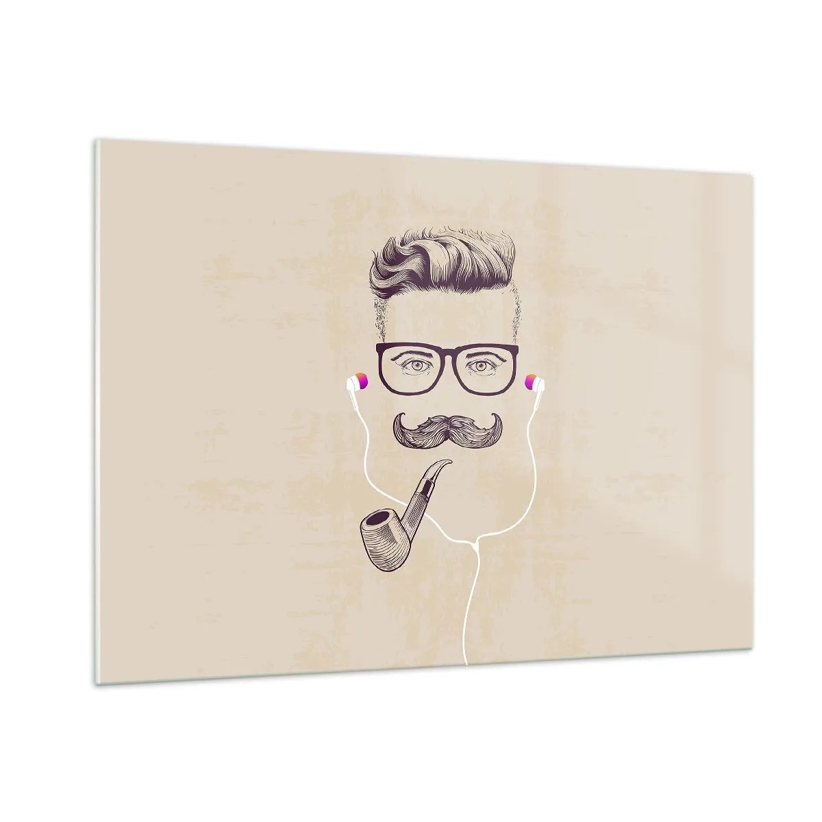 Glasbild - Bild auf glas - Eine Zeichnung eines stilisierten Mannes mit Brille, Schnurrbart und Pfeife. - 100x70cm - Ein echter Mann? - Moderne Wanddekoration für Wohnzimmer und Schlafzimmer ARTTOR