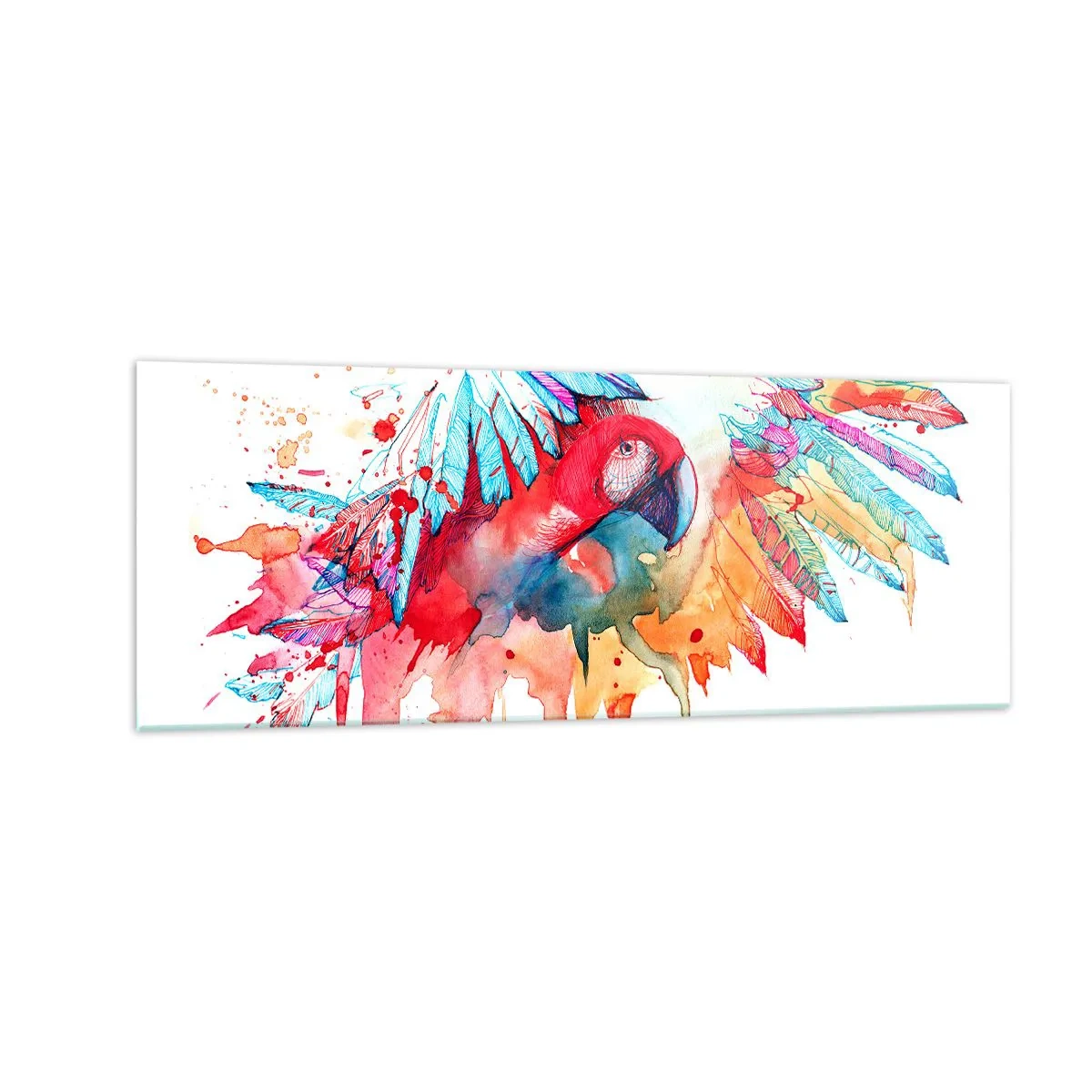 Glasbild - Bild auf glas - Ein Papagei im künstlerischen Aquarellstil - 140x50cm - Bunte Papageien - Moderne Wanddekoration für Wohnzimmer und Schlafzimmer ARTTOR