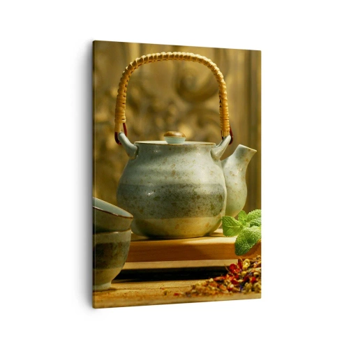 Bild auf Leinwand - Leinwandbild - Keramikkrug mit Tassen und getrocknetem Tee - 50x70cm - Abhandlung über das Teetrinken - Moderne Wanddekoration für Wohnzimmer und Schlafzimmer ARTTOR