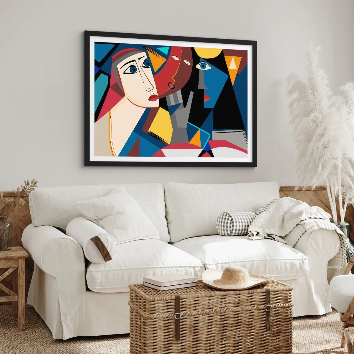 Poster in einem schwarzem Rahmen - Kubistische Gesichter in intensiven Farben - 70x50cm - Gespräch zwischen Kubisten - Moderne Wanddekoration für Wohnzimmer und Schlafzimmer ARTTOR