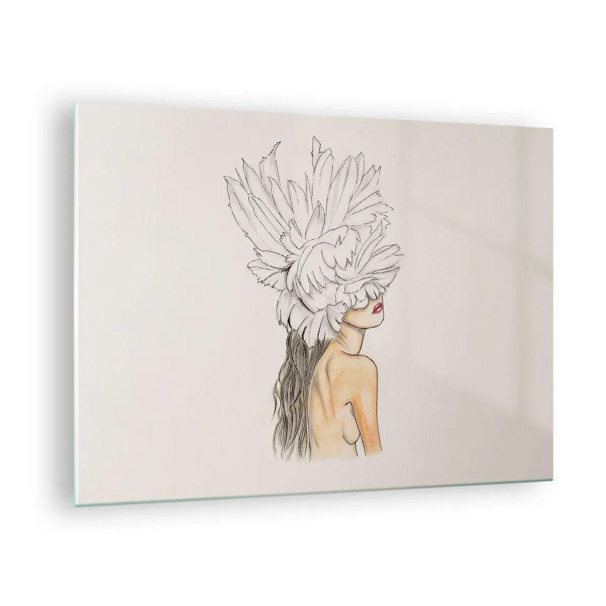 Glasbild - Bild auf glas - Eine Zeichnung einer Frau mit langen Haaren und einer Krone aus großen Federn - 70x50cm - Gekrönte Schönheit - Moderne Wanddekoration für Wohnzimmer und Schlafzimmer ARTTOR