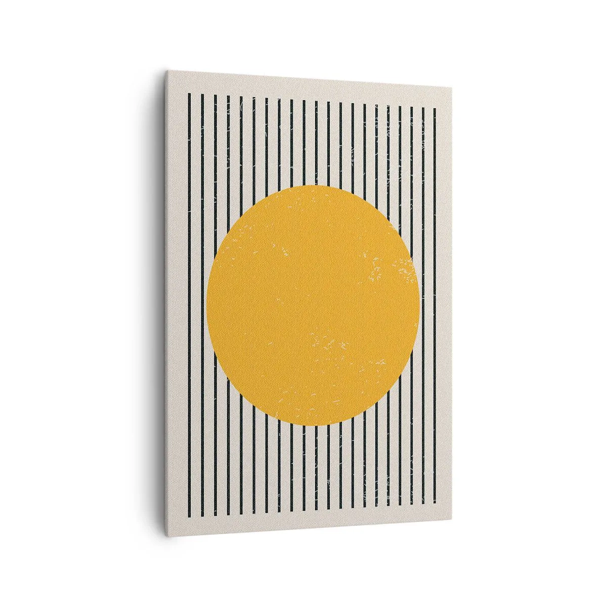 Bild auf Leinwand - Leinwandbild - Ein gelber Kreis auf einem Hintergrund aus schwarzen und weißen horizontalen Linien - 70x100cm - Die Kraft der Einfachheit - Moderne Wanddekoration für Wohnzimmer und Schlafzimmer ARTTOR