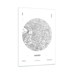 Glasbild - Bild auf glas - Eine minimalistische schwarz-weiße Karte von Madrid in kreisförmiger Form. - 50x70cm - Anatomie von Madrid - Moderne Wanddekoration für Wohnzimmer und Schlafzimmer ARTTOR