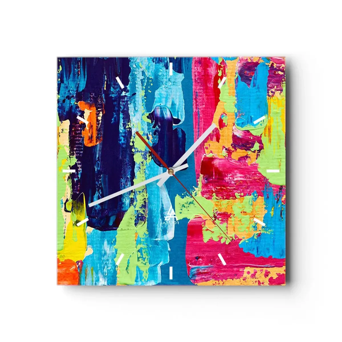 Wanduhr - Glasuhr - Abstrakte Farbkomposition in dynamischer Form - 30x30cm - Das Leben ist wunderschoen! - Moderne Wanddekoration für Wohnzimmer und Schlafzimmer ARTTOR