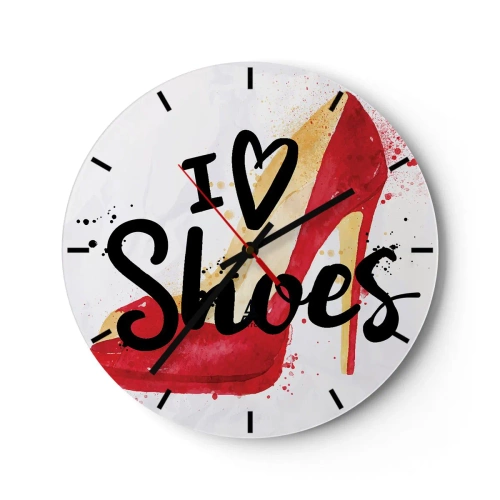 Wanduhr - Glasuhr - Ein roter High Heel mit der Aufschrift „I love shoes“. - 30x30cm - Liebe hat viele Namen - Moderne Wanddekoration für Wohnzimmer, Küche und Schlafzimmer ARTTOR