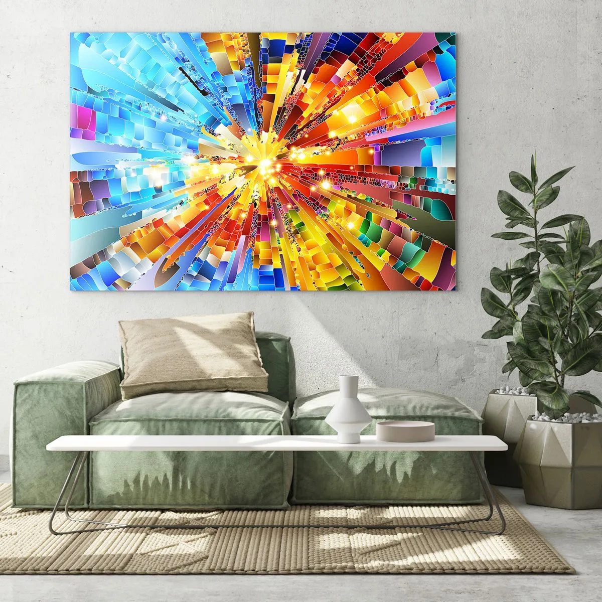 Glasbild - Bild auf glas - Eine abstrakte Farbexplosion in einer dynamischen, geometrischen Komposition. - 120x80cm - In Medienauflösung - Moderne Wanddekoration für Wohnzimmer und Schlafzimmer ARTTOR