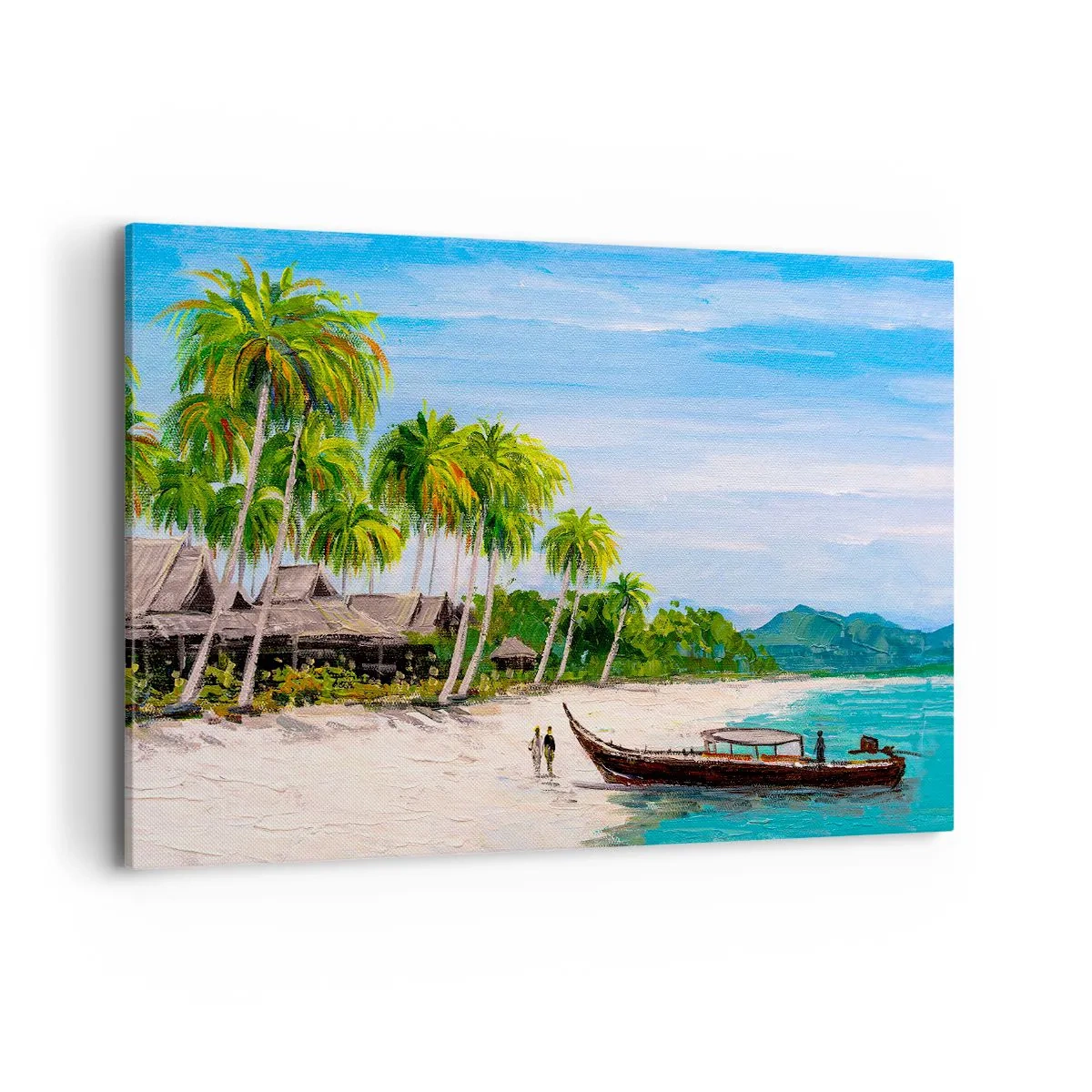Bild auf Leinwand - Leinwandbild - Ein exotischer Strand mit Palmen und einem Boot am Ufer - 120x80cm - Exotischer Traum - Moderne Wanddekoration für Wohnzimmer und Schlafzimmer ARTTOR
