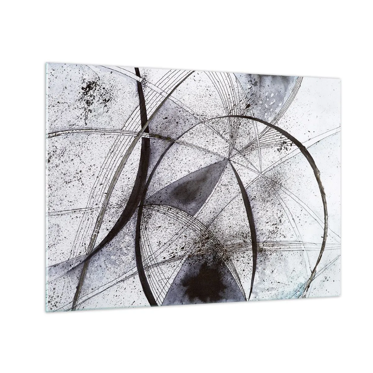 Glasbild - Bild auf glas - Eine Schwarz-Weiß-Komposition aus sich kreuzenden Linien und geometrischen Bögen. - 70x50cm - Futuristische Fantasie - Moderne Wanddekoration für Wohnzimmer und Schlafzimmer ARTTOR