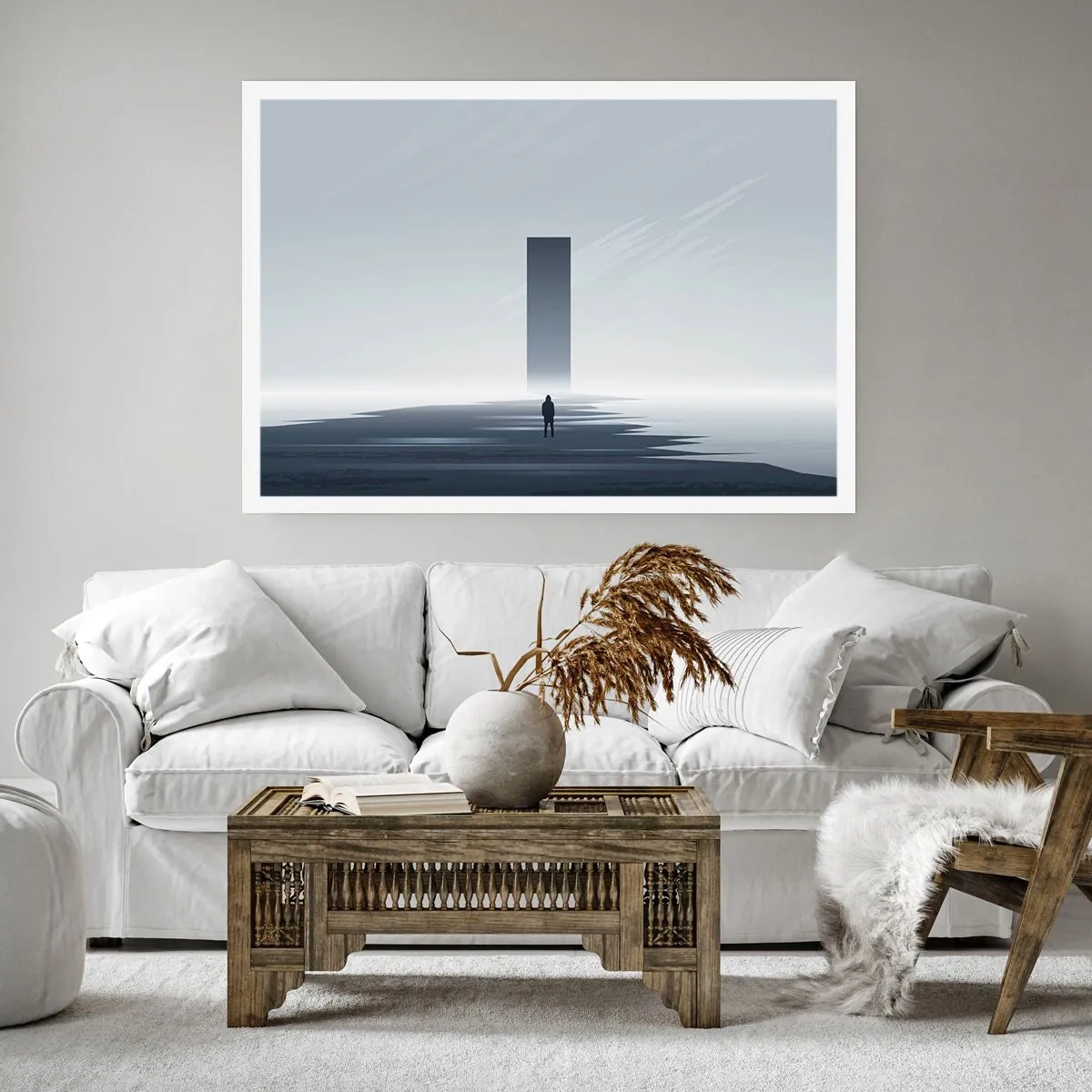 Poster - Eine minimalistische Landschaft mit einer Silhouette neben einem rechteckigen Monolithen - 100x70cm - Chance oder Bedrohung? - Moderne Wanddekoration für Wohnzimmer und Schlafzimmer ARTTOR