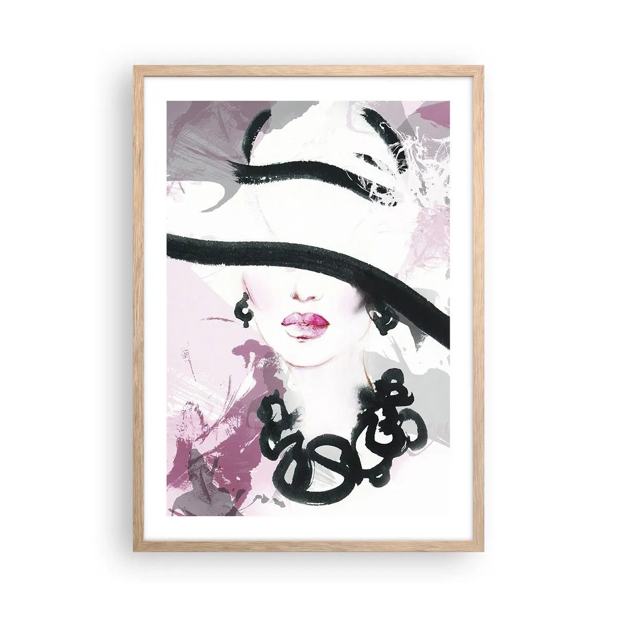 Poster in einem Rahmen aus heller Eiche - Bildnis einer Dame in Schwarz und Pink - 50x70 cm