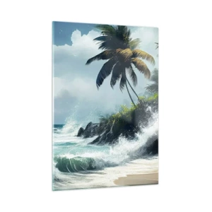 Glasbild - Bild auf glas - Wellen schlagen gegen die Felsen neben den Palmen an einem tropischen Strand - 50x70cm - Am tropischen Ufer - Moderne Wanddekoration für Wohnzimmer und Schlafzimmer ARTTOR